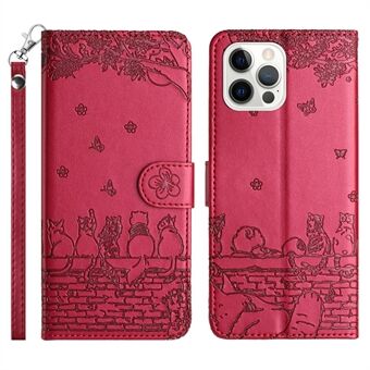 Muurkatten Geïmpregneerd PU Lederen Hoesje voor iPhone 15 Pro, Stand Portemonnee Telefoonhoesje met Riem