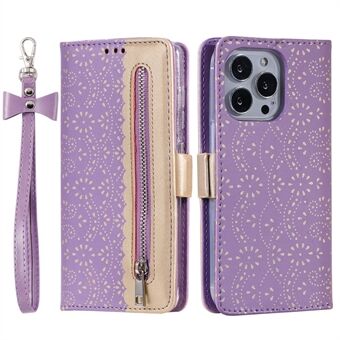 Standaard Shell voor iPhone 15 Pro Ritsportemonnee Kantbloemenpatroon Leren telefoonhoesje met strik polsband