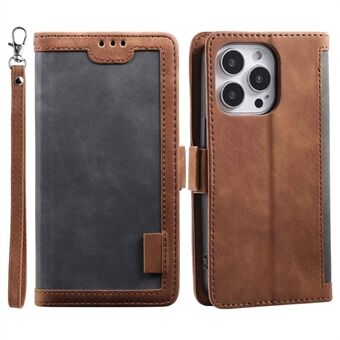 Voor iPhone 15 Pro PU Lederen Vintage Telefoonhoes met Kleurblok Wallet Stand Schokbestendige Cover met Polsband