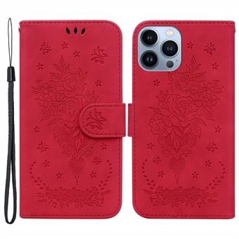 Voor iPhone 15 Pro Portemonnee Telefoonhoesje met standaard, bedrukt met rozen en vlinders, van imitatieleer.