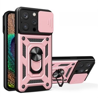 Voor de iPhone 15 Pro anti-stof telefoonhoesje van PC+TPU met een uitklapbare standaard en een schuifhoesje voor de camera lens.