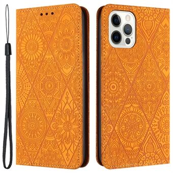 Portemonneehoesje voor de iPhone 15 Pro met standaard, schelp van PU-leer met retro bloemenpatroon, bedrukte telefoonhoes