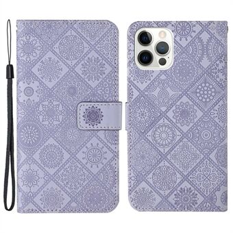 Leren hoesje voor iPhone 15 Pro, met bloemmotief en opdruk, vouwbare flipcase met standaard voor telefoon.