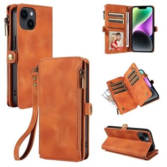 Voor iPhone 15 Pro Zipper Pocket Wallet Telefoonhoesje RFID-blokkering Stand PU-leren hoesje met riem