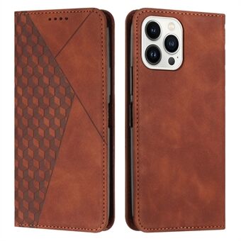 Voor iPhone 15 Pro Slim-fit Shell Geëtste Rhombus Leren Telefoonstandaard Hoesje Portemonnee Huid-aanrakingshoes