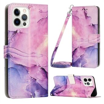 Portemonnee PU Leren Telefoonhoesje voor iPhone 15 Pro, Marmer Patroon Stand Hoesje met Schouderband