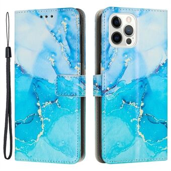 Staand Leren Portemonnee Hoesje voor iPhone 15 Pro, Marmer Patroon Telefoonhoesje met Polsband