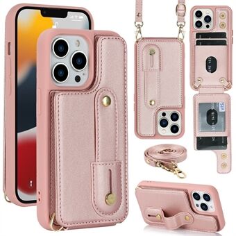 Voor iPhone 15 Pro PU-lederen gecoate TPU-telefoonhoes met kaartsleuven, standaard en schouderband.