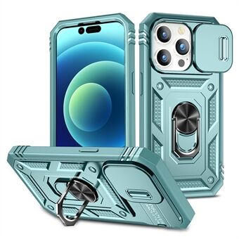 Voor iPhone 15 Pro Schuifcamera venster telefoonhoesje PC+TPU Kickstand hoesje met kaartsleuf