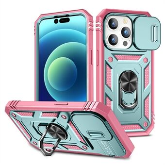 Voor iPhone 15 Pro Schuivende Camera Venster Telefoonhoesje PC+TPU Standaard Cover met Kaartsleuf