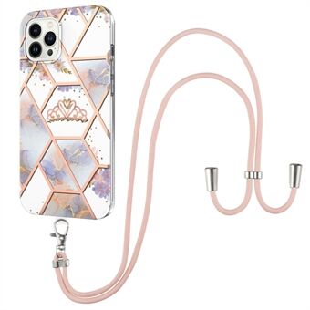 YB IMD-serie 4 voor iPhone 15 Pro TPU-hoes Electroplating Marmer Bloemenpatroon IMD Telefoonhoesje met Lanyard