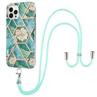 YB IMD-serie 4 voor iPhone 15 Pro TPU-hoes Electroplating marmer bloemenpatroon IMD-telefoonhoes met draagkoord.