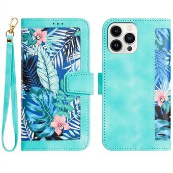 Kaartenhouder lederen hoesje voor iPhone 15 Pro, hoesje met bloemenpatroon en telefoonstandaard