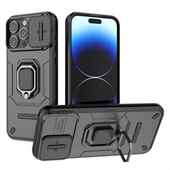 Voor de iPhone 15 Pro Kickstand Telefoonhoesje met Schuiflensafdekking, gemaakt van PC+TPU, schokbestendige robuuste behuizing.