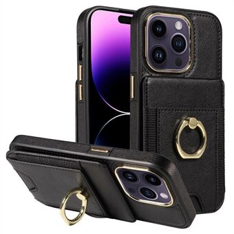 Voor iPhone 15 Pro PU Lederen+TPU Kaartsleuven Hoesje met Ring Kickstand RFID Blokkerende Telefoonhoes.