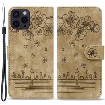 Leren hoesje voor iPhone 15 Pro, bedrukt met bloemenkat, mobiele telefoon portemonnee standaardhoes met bandje.