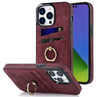 Voor iPhone 15 Pro Ring Kickstand Card Holder Case Retro PU-leren gecoate TPU-telefoonhoes