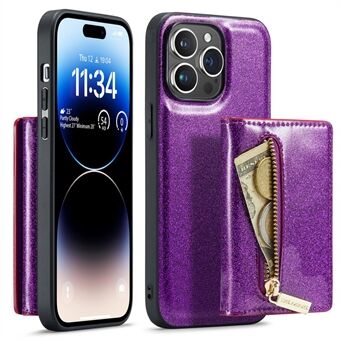 DG.MING M3-serie voor iPhone 15 Pro Kickstand Cover Glittery Lederen Coating PC+TPU Afneembare Portemonnee Telefoonhoes.