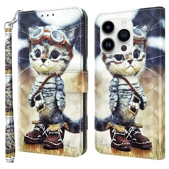 Voor de iPhone 15 Pro PU Leren Stand Wallet Case met 3D Patroon Print Telefoonhoesje met Bandje.