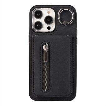 Voor iPhone 15 Pro Leren+TPU Kickstand Hoesje met Ritsvak Telefoonhoesje met Hand Strap en Schouderriem