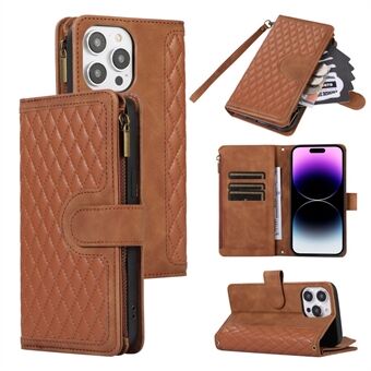 Voor de iPhone 15 Pro Zipper Pocket 9 Kaartsleuven Telefoonhoesje Portemonnee Stand Case met Pols+Schouderbanden.