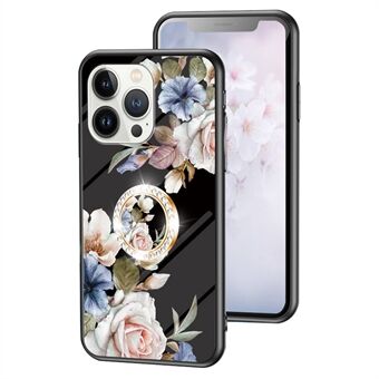 Voor de iPhone 15 Pro Tempered Glass Flower Pattern telefoonhoesje, Schokbestendige PC+TPU Ring Kickstand Cover.