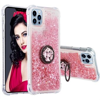 Voor iPhone 15 Pro Schokbestendige TPU Telefoonhoes Vloeibare Snelle Zand Pailletten Ringhouder Kickstand Telefoonhoesje.