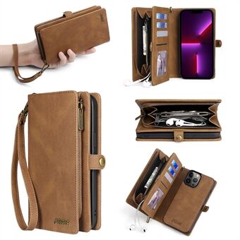 MEGSHI 017 Serie voor iPhone 15 Pro Ritsvak Leren Portemonnee Telefoonhoes met Magnetische Afneembare Anti-val Case