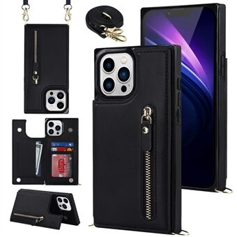 TPU+PU Hoesje voor iPhone 15 Pro Anti-Kras Kickstand Portemonnee Telefoonhoesje met Schouderband