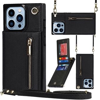 Voor iPhone 15 Pro Anti-val Hoesje PU Leer+TPU Rits Portemonnee Kickstand Telefoonhoesje met Schouderband