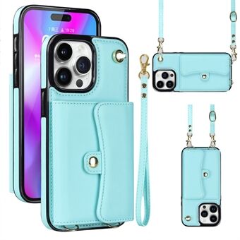 Telefoonhoesje voor iPhone 15 Pro, Kaartsleuven Anti-kras PU Lederen+TPU Kickstand Cover met Korte+Lange Bandjes