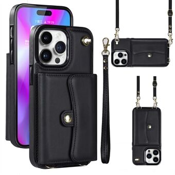 Telefoonhoesje voor iPhone 15 Pro, kaartsleuven, krasbestendig PU-leder+TPU-standaardhoes met korte+lange riempjes.