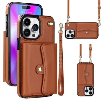 Telefoonhoes voor iPhone 15 Pro, met kaartsleuven, krasbestendig PU-leer+TPU hoesje met standaard en korte+lange bandjes.