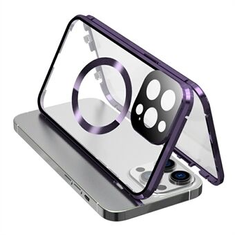 Compatibel met MagSafe-hoes voor iPhone 15 Pro Magnetisch metalen frame + Dubbelzijdige gehard glas telefoonhoes met gesp slot