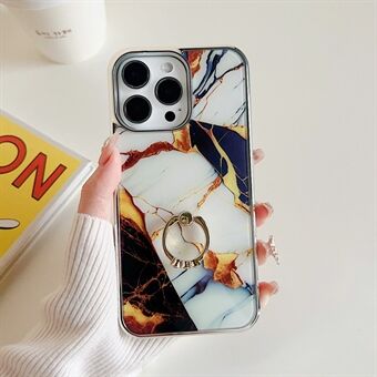 Voor iPhone 15 Pro Ring Kickstand Electroplating Marble Pattern Phone Case PC+TPU Back Cover