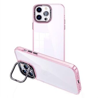 Transparante TPU telefoonhoesje voor iPhone 15 Pro, met elektroplating mobiele achterkant en lensframe met kickstand.