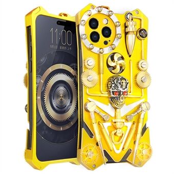 Voor iPhone 15 Pro Kickstand Metal Cover Steampunk Mechanical Gear Phone Case - Goud