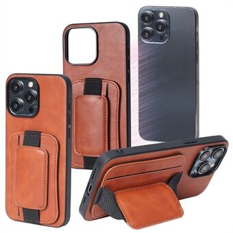 Voor iPhone 15 Pro PU lederen gecoate TPU telefoonhoesje met draaibare handband, kickstand en kaarthouder.