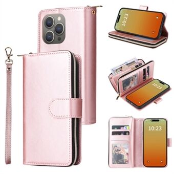 Voor iPhone 15 Pro PU lederen telefoonstandaard hoesje met 9 kaartsleuven, ritssluiting en telefoonhoesje.