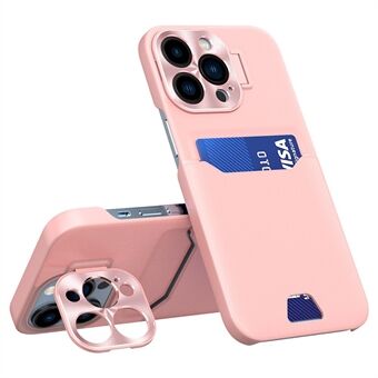 Voor iPhone 15 Pro Kaarthouder Leren + PC Telefoonhoesje Metalen Lensframe Standaard Antikras Cover.