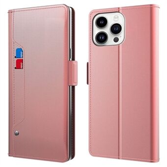 Voor iPhone 15 Pro Hoesje van PU-leer met magnetische telefoonstandaard, kaartsleuf en spiegel.