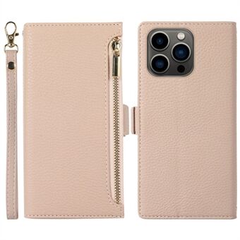 Voor iPhone 15 Pro Hoesje met Litchi Textuur, Ritszakje, Anti-val Lederen Cover met Riem.