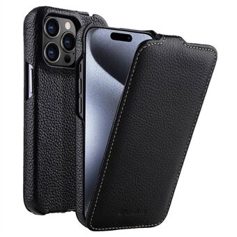 MELKCO voor iPhone 15 Pro Hoesje met Litchi Textuur, Verticale Flip, Echt Koeienleer + PC Cover