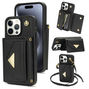 Voor iPhone 15 Pro Case Organ Card Bag Leer+TPU Achterkant Beschermer Hoesje met Schouderband.