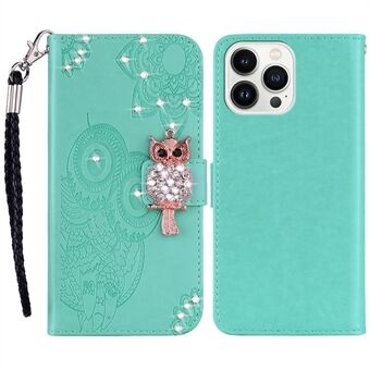 Voor iPhone 15 Pro Hoesje met strass uil, bedrukt met PU-leer, met standaard en portemonnee voor telefoon