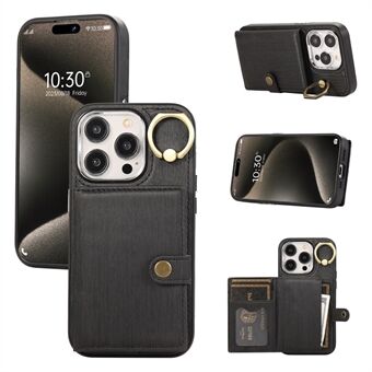 Voor iPhone 15 Pro hoesje Borstel PU-leer + TPU telefoonhoesje met Ring Kickstand.