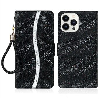 Voor iPhone 15 Pro Glitter PU Lederen Portemonnee Hoes Stand Mobiele Splicing Telefoonhoesje met Bandje