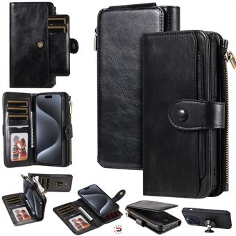 KT multifunctionele serie-3 voor iPhone 15 Pro Magneet afneembare flipcase PU lederen ritssluiting zaktelefoonhoes
