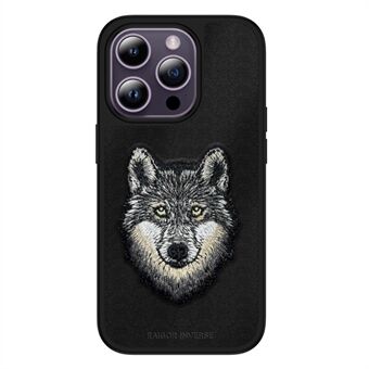 RAIGOR INVERSE Geluksreeks voor iPhone 15 Pro Geborduurd Wolf Hoesje PU Leer+TPU+PC Telefoonhoes - Zwart