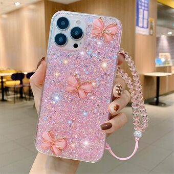 Voor de iPhone 15 Pro Glitterige Pailletten Epoxy Hoesje met Vlinder TPU Telefoonhoesje met Ketting.